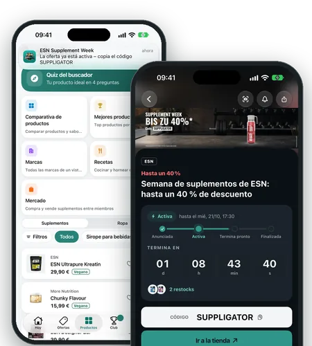 La app de Suppligator en el iPhone: aviso al empezar una oferta y oferta activa con cuenta atrás y código SUPPLIGATOR