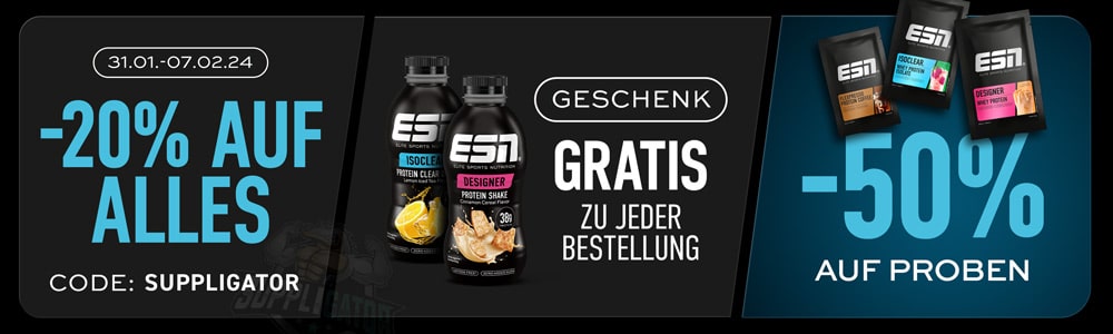 20 % de descuento en todo en ESN + 2 batidos RTD gratis