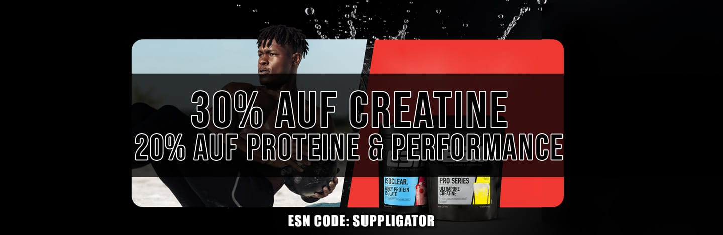 Semana de alto rendimiento de ESN con un 30 % de descuento en creatina, un 20 % en proteínas y productos para el rendimiento y un 50 % en muestras