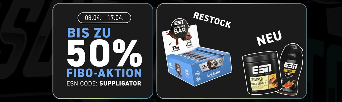 Promoción de ESN FIBO con hasta un 50 % de descuento y reposiciones de productos estrella, como el Designer Bar Dark Cookie