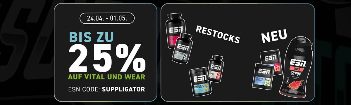 20 % de descuento en la promoción de suplementos de ESN + 25 % en ropa de ESN