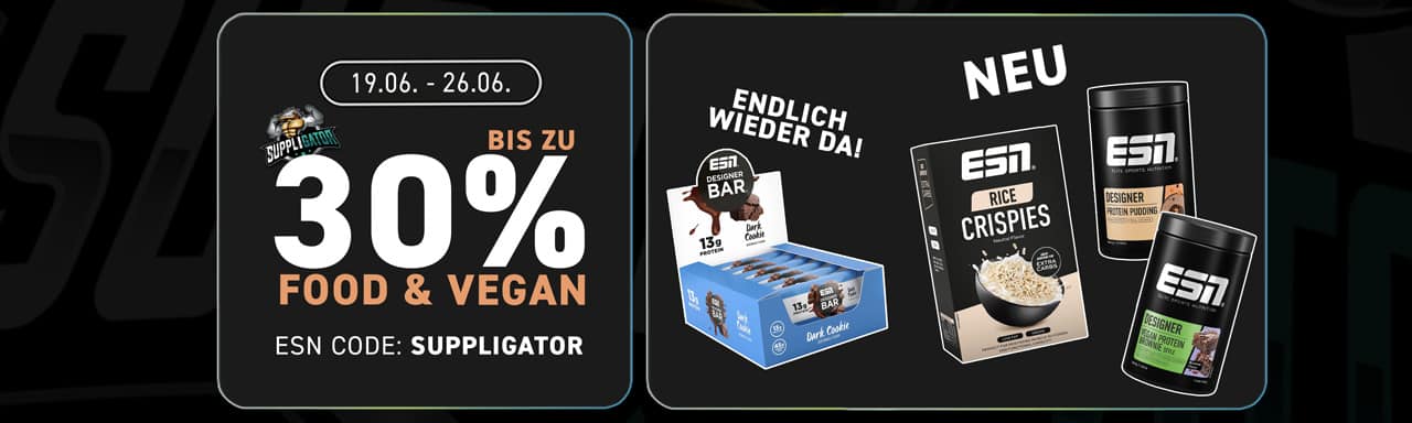 Hasta un 30 % de descuento en la promoción de ESN Food & Vegan + reposición de la barra Dark Cookie Designer