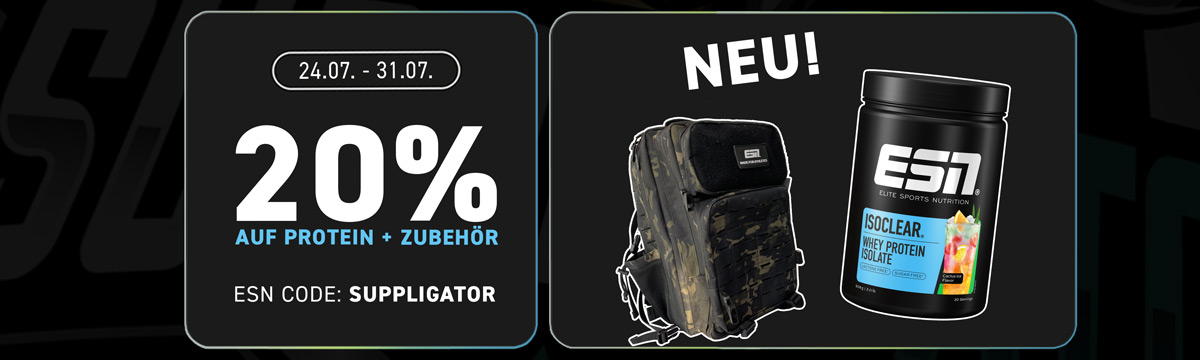 Oferta de ESN con un 20 % de descuento en proteínas y accesorios (incluida la ropa)