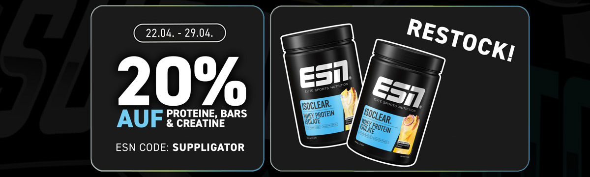 20 % de descuento en proteínas, barritas y creatina de ESN + reposición de los productos favoritos de la comunidad ISOCLEAR