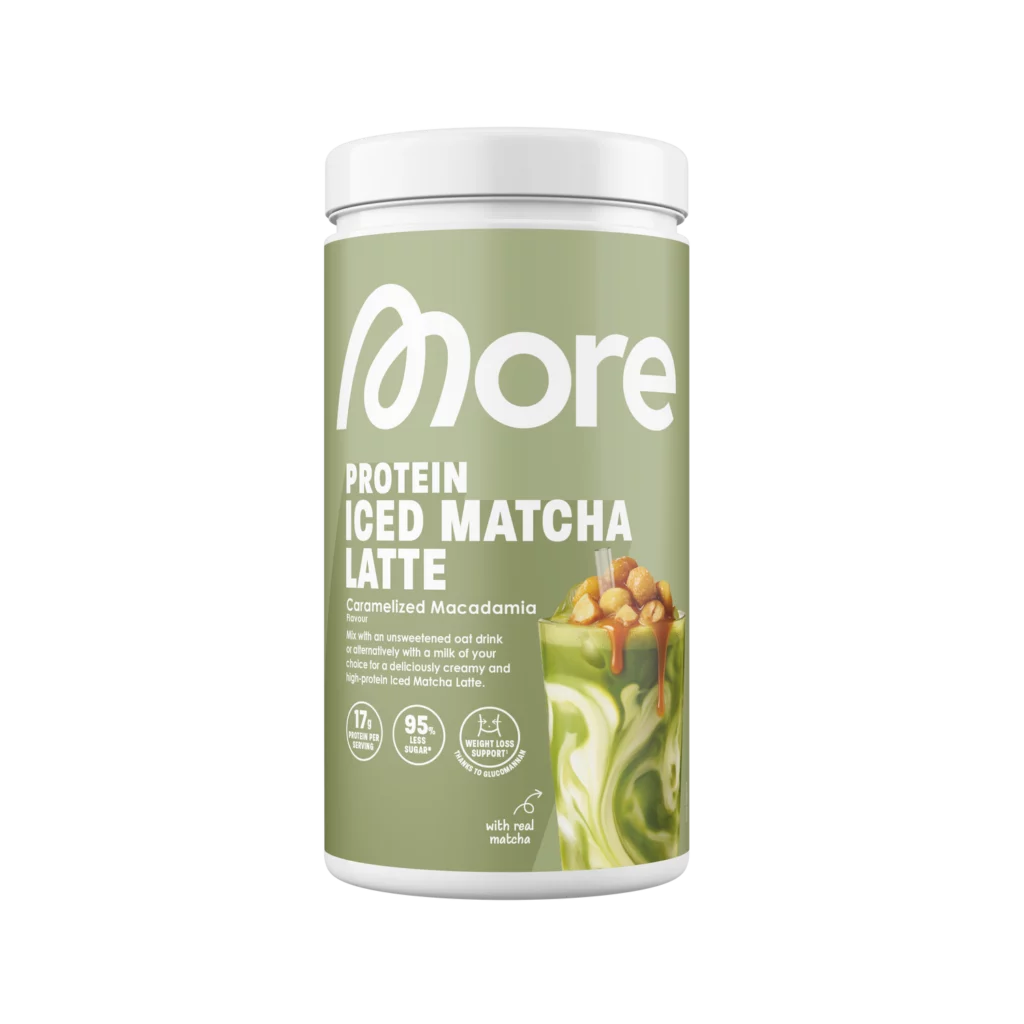 More Protein Iced Matcha Latte Caramelized Macadamia