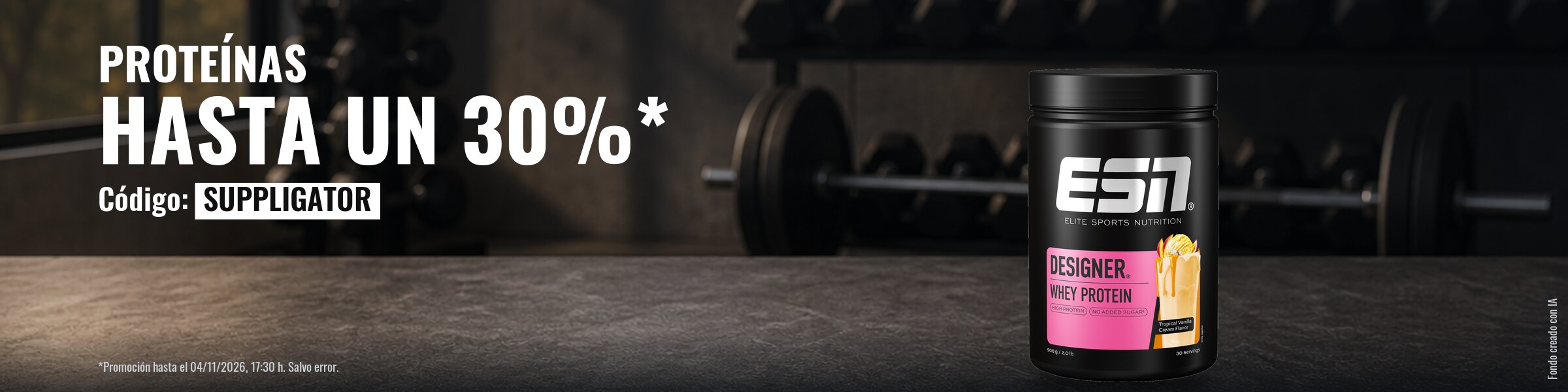 ESN Proteínas: 20 % en todas las proteínas, 30 % en Designer Protein Extra Creamy y muestras